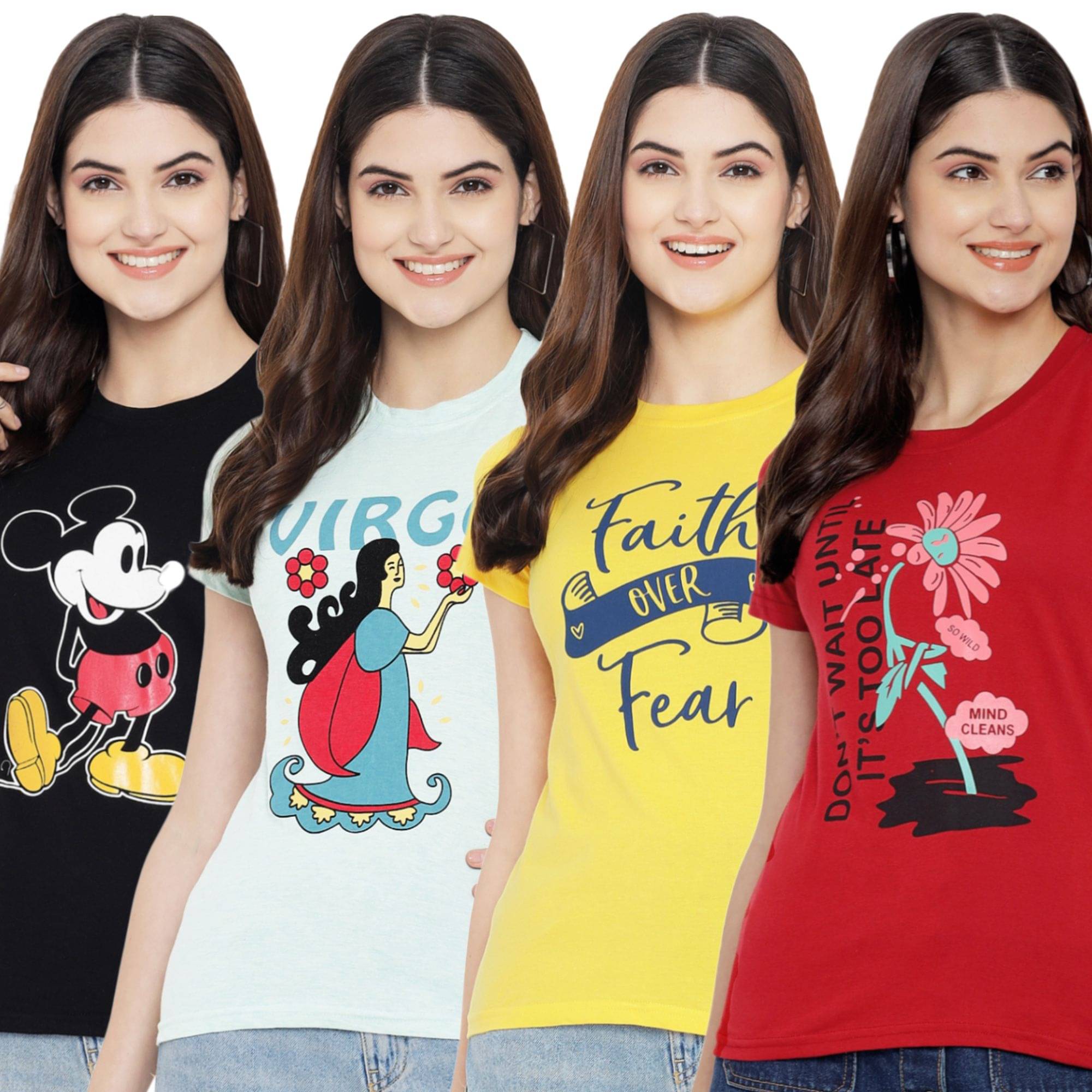Fabflee Women Cotton Printed Regular Fit Round Neck T-Shirt ( Multicolor ) Fabflee Women Cotton Printed Regular Fit Round Neck T-Shirt ( Multicolor )
