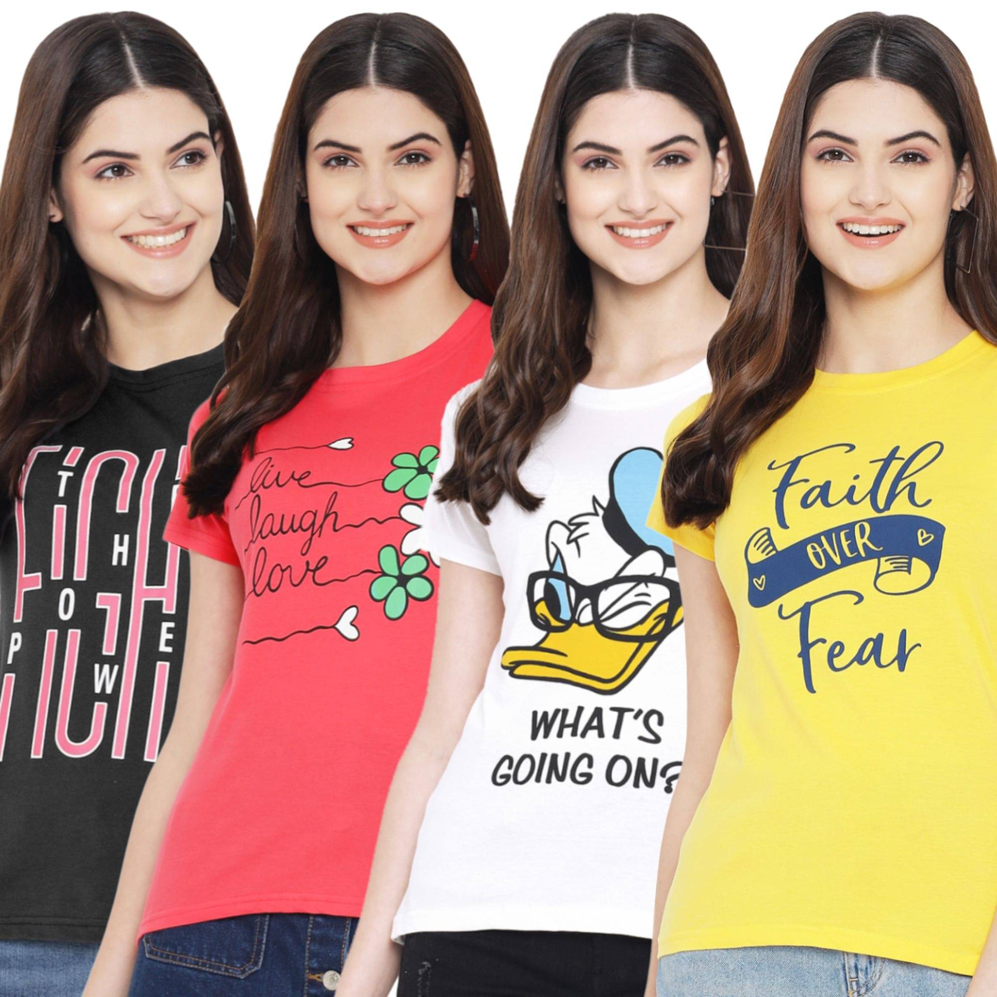     			Fabflee Women Cotton Printed Regular Fit Round Neck T-Shirt ( Multicolor )