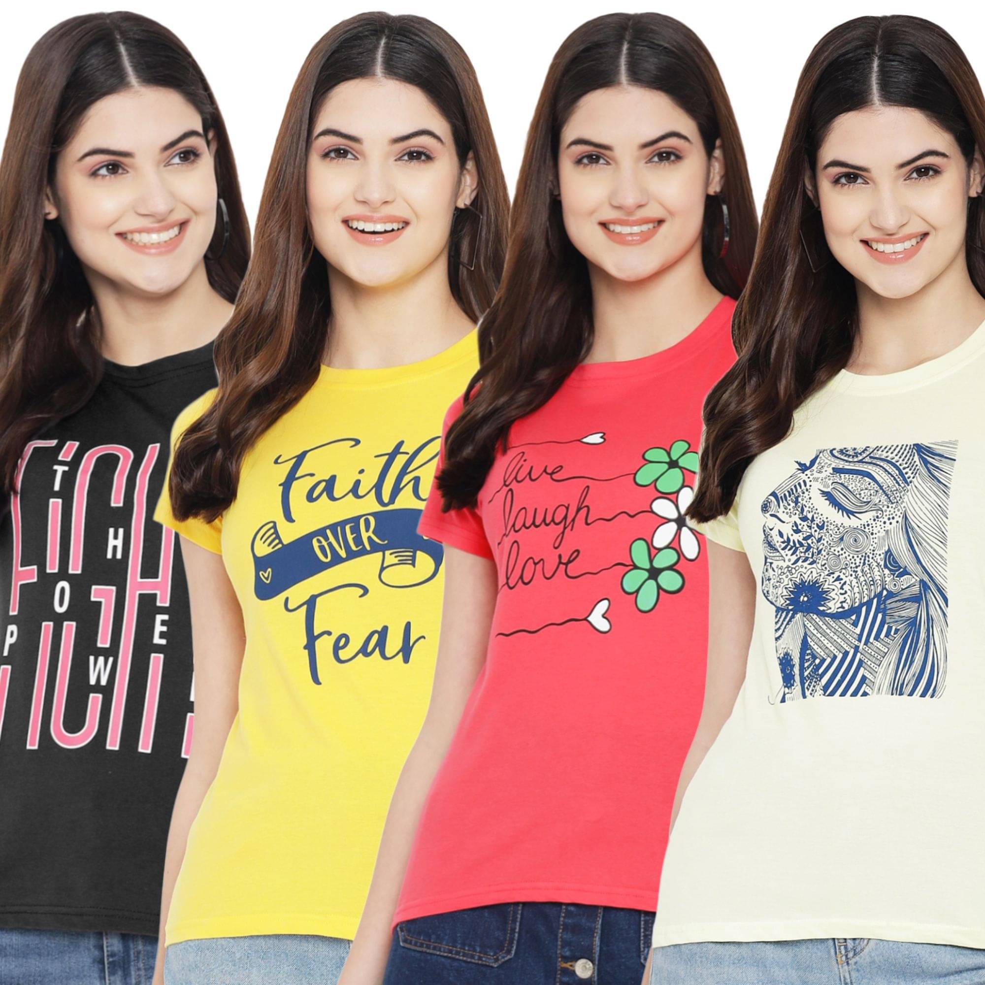 Fabflee Women Cotton Printed Regular Fit Round Neck T-Shirt ( Multicolor ) Fabflee Women Cotton Printed Regular Fit Round Neck T-Shirt ( Multicolor )