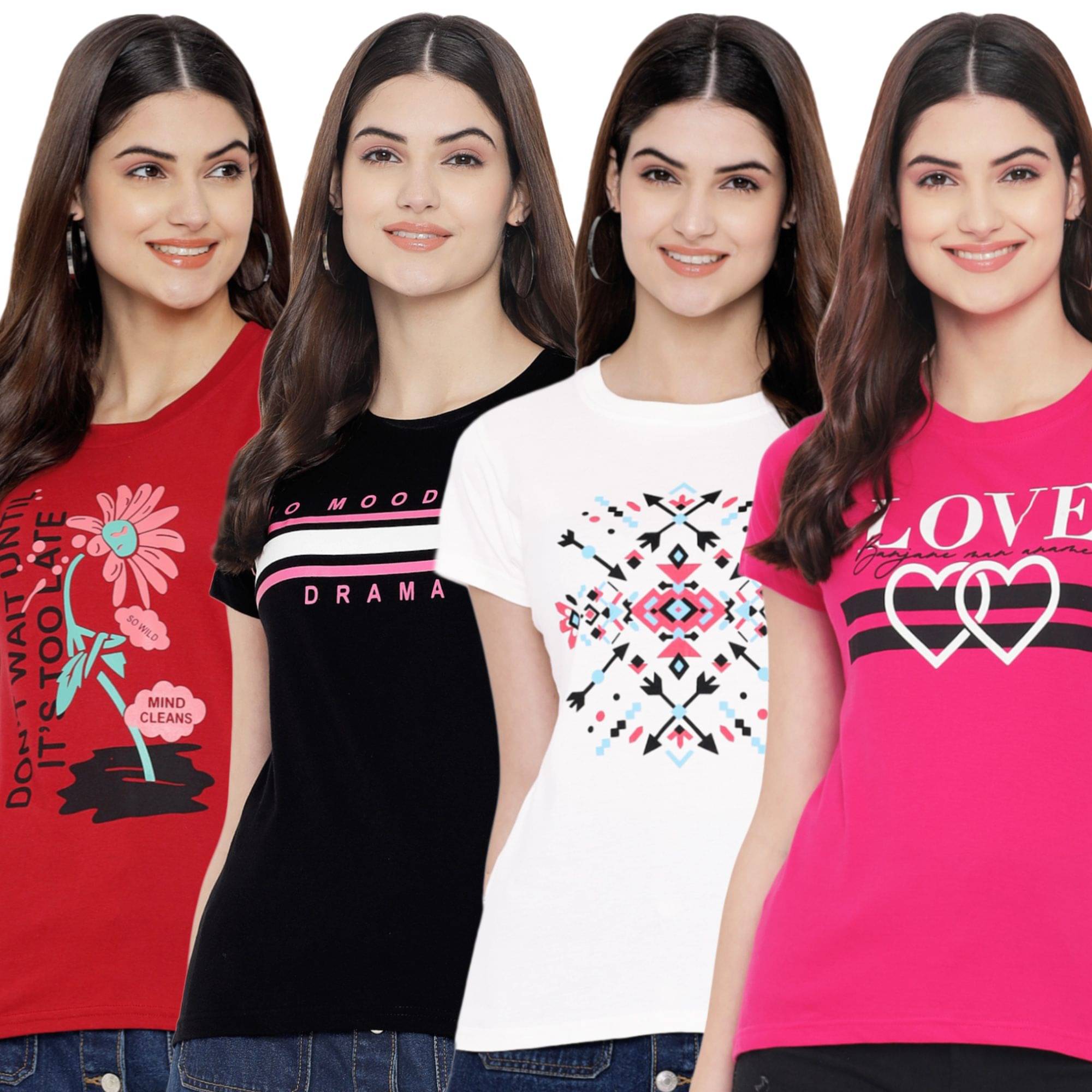 Fabflee Women Cotton Printed Regular Fit Round Neck T-Shirt ( Multicolor ) Fabflee Women Cotton Printed Regular Fit Round Neck T-Shirt ( Multicolor )