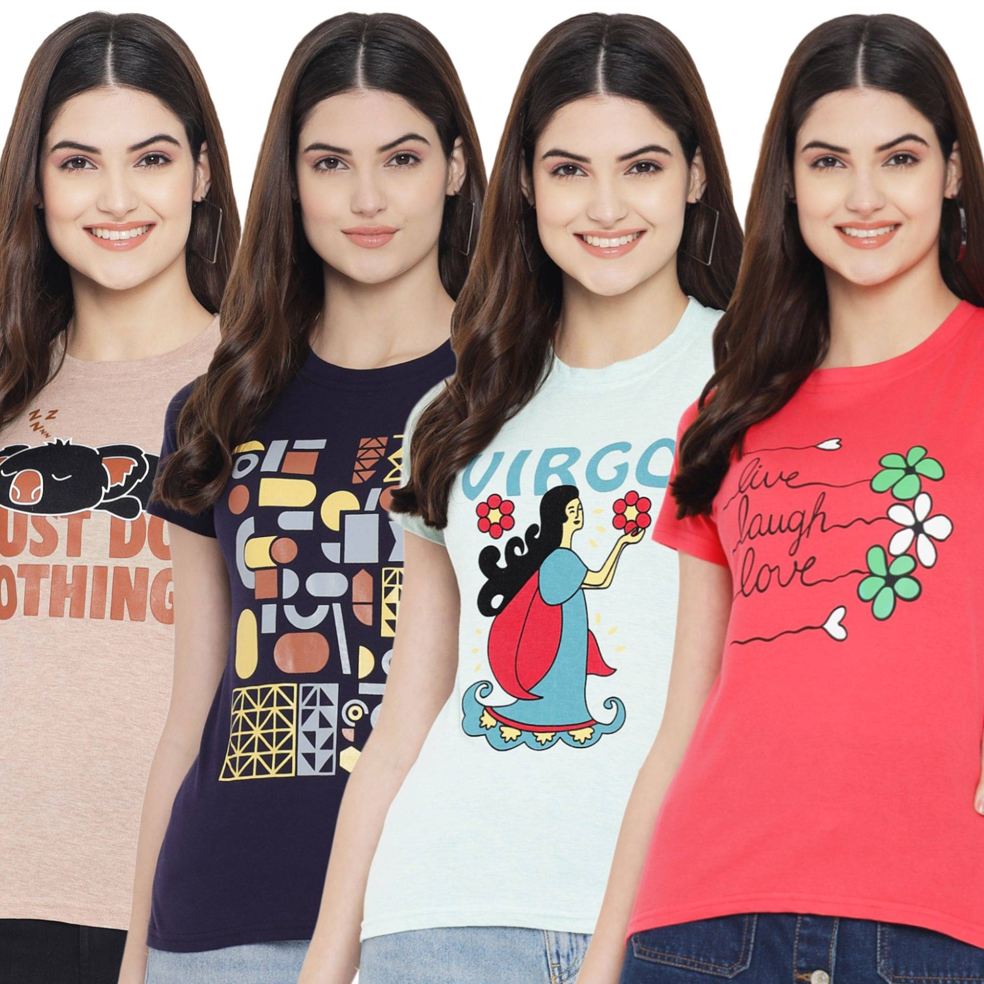 Fabflee Women Cotton Printed Regular Fit Round Neck T-Shirt ( Multicolor ) Fabflee Women Cotton Printed Regular Fit Round Neck T-Shirt ( Multicolor )