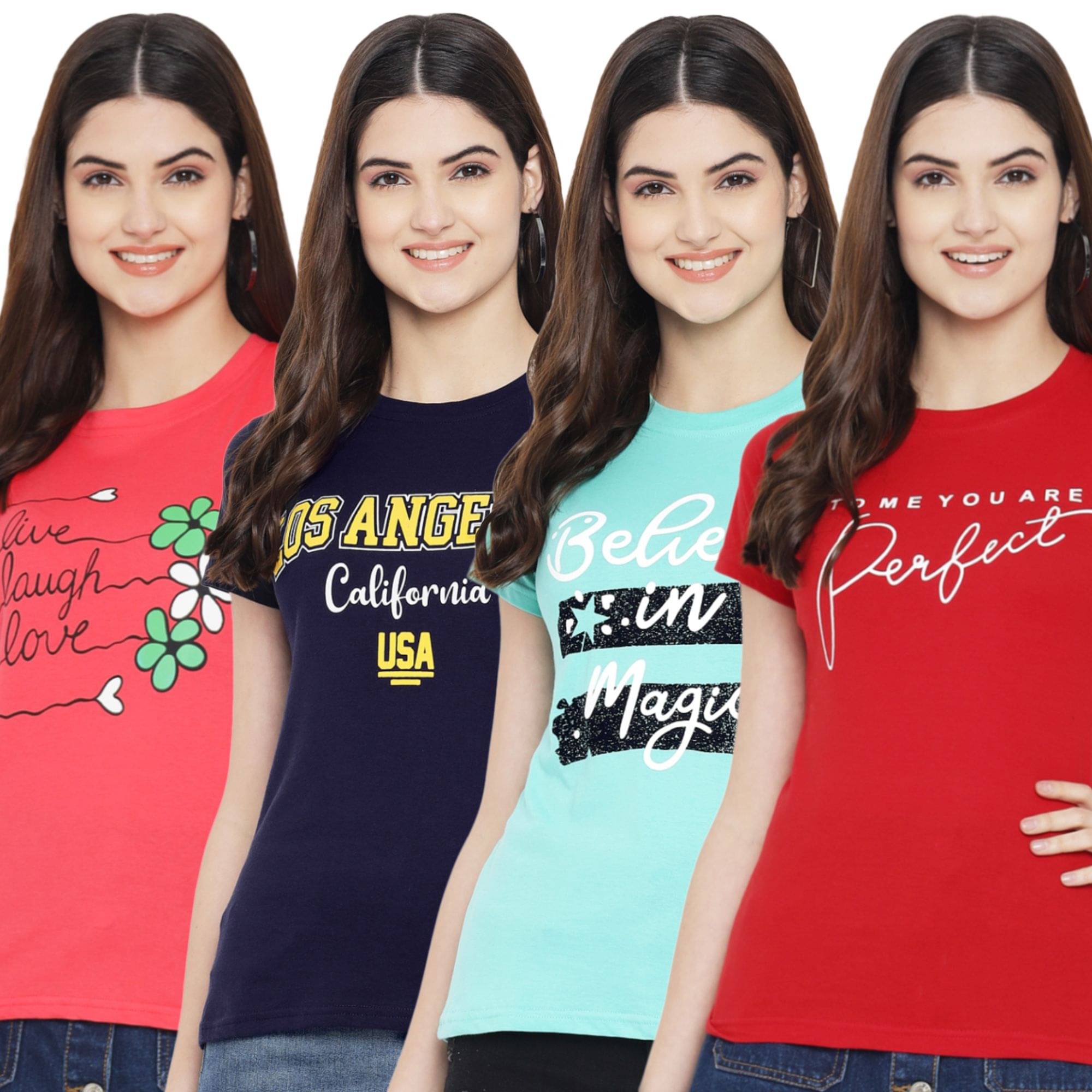 Fabflee Women Cotton Printed Regular Fit Round Neck T-Shirt ( Multicolor )     			Fabflee Women Cotton Printed Regular Fit Round Neck T-Shirt ( Multicolor )