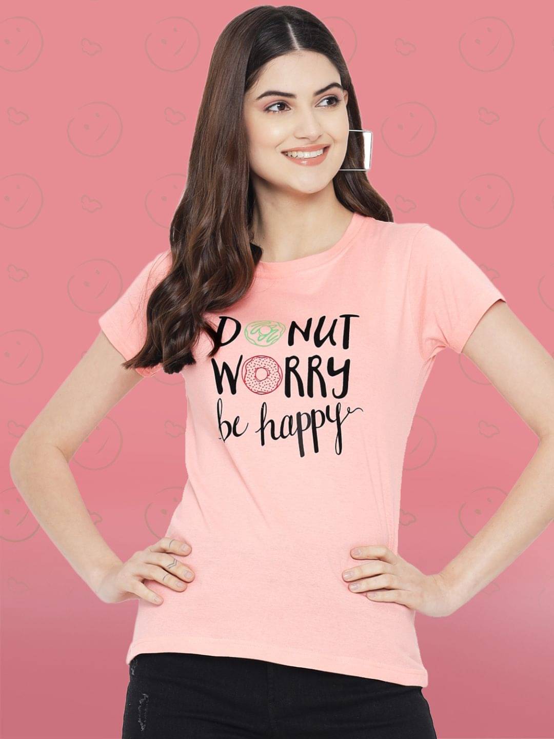     			Fabflee Women Cotton Printed Regular Fit Round Neck T-Shirt ( Peach )