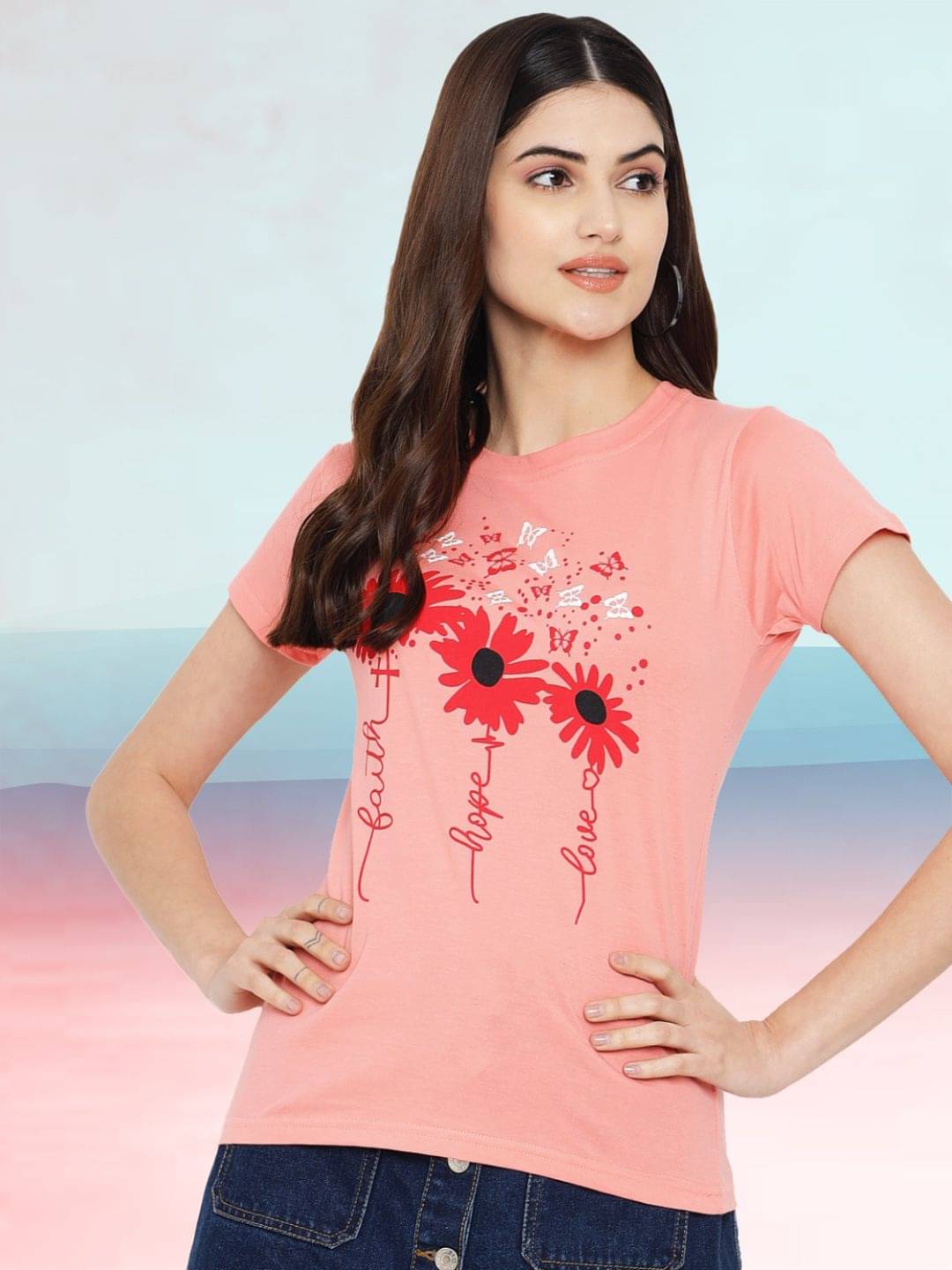     			Fabflee Women Cotton Printed Regular Fit Round Neck T-Shirt ( Peach )