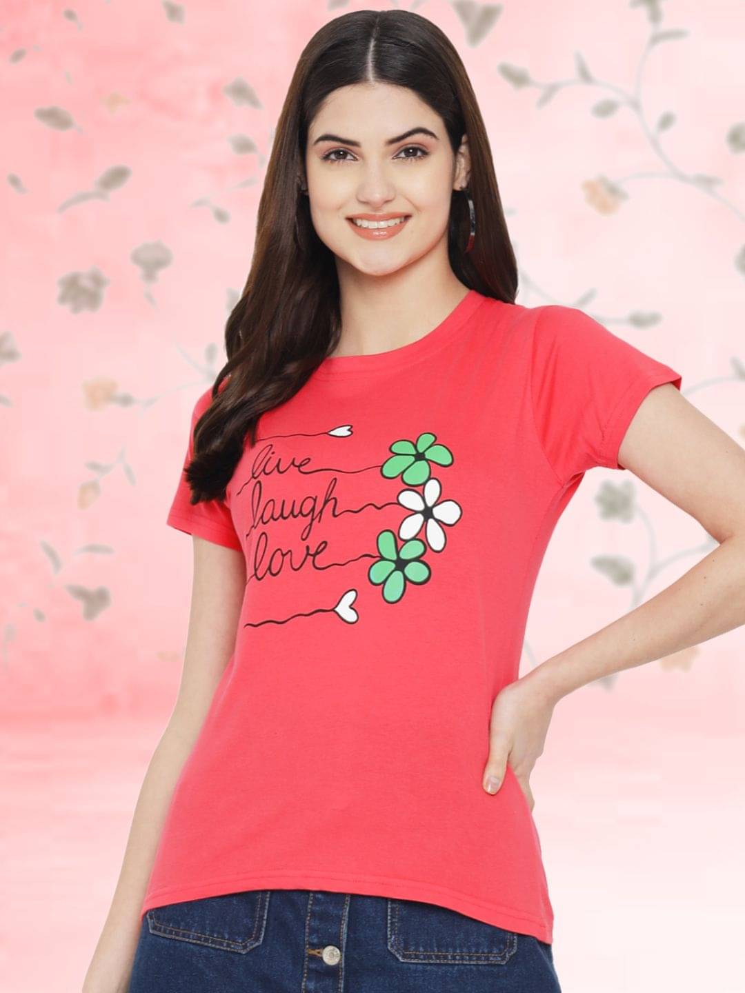     			Fabflee Women Cotton Printed Regular Fit Round Neck T-Shirt ( Peach )