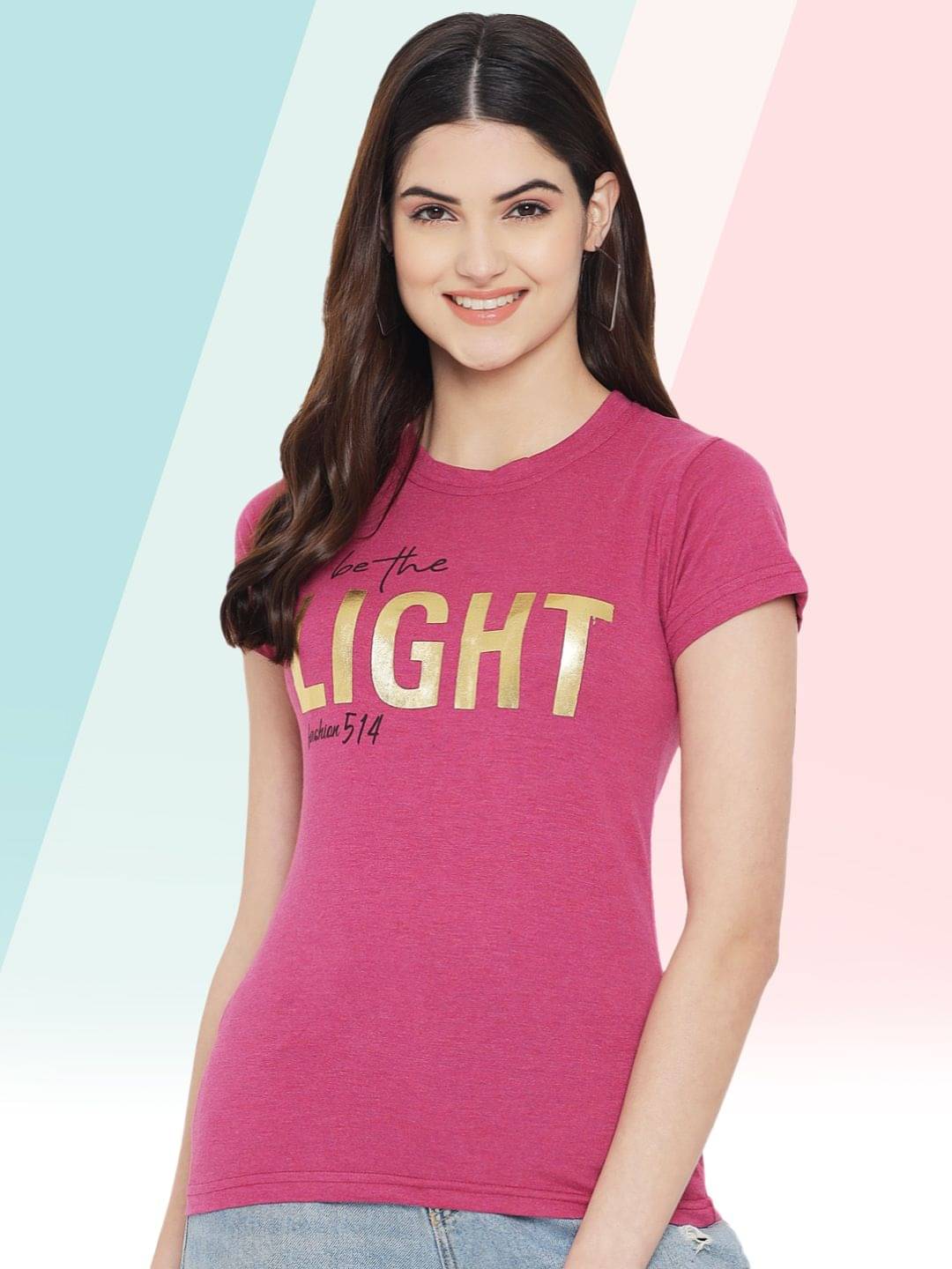     			Fabflee Women Cotton Printed Regular Fit Round Neck T-Shirt ( Pink )
