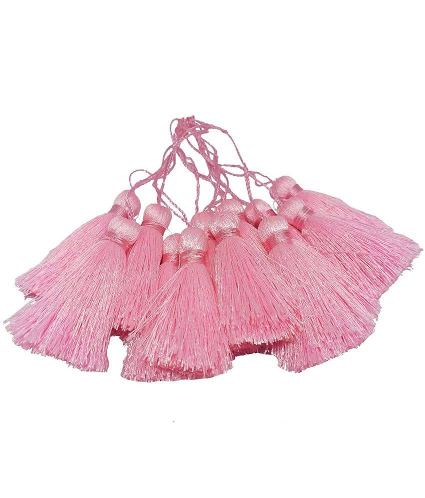     			PRANSUNITA Silky Floss Tassels with Loop for Bookmarks, Charms Jewelry Making Earring Bracelet Pendant, Dresses etc. -Handmade - Pack of 12 pcs - 6 cm - Color- Pink