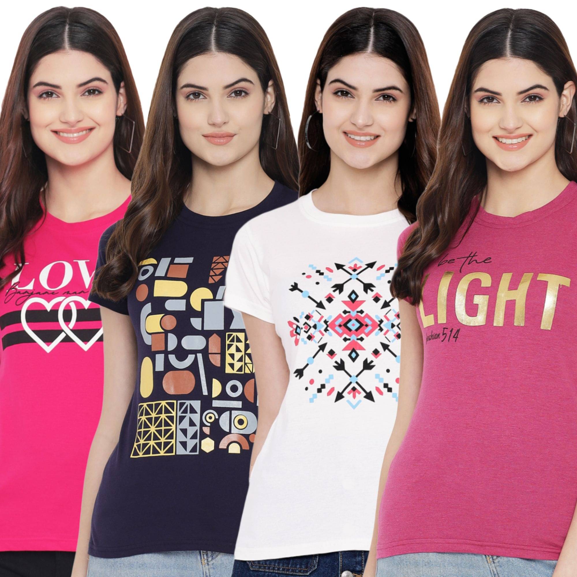 Fabflee Women Cotton Printed Regular Fit Round Neck T-Shirt ( Multicolor )     			Fabflee Women Cotton Printed Regular Fit Round Neck T-Shirt ( Multicolor )