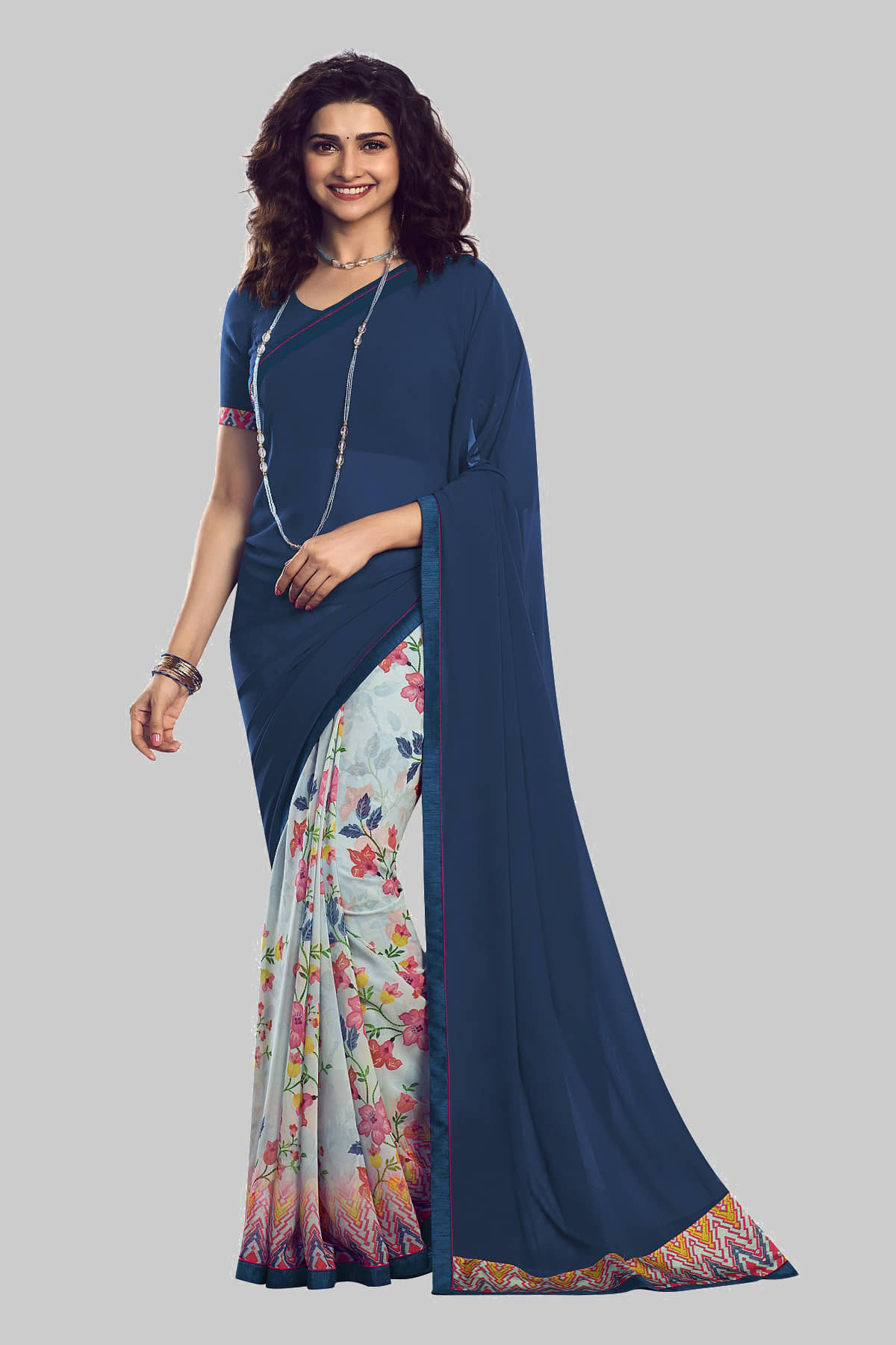 Gazal Fashions Chiffon Printed Saree With Unstitched Blouse Piece ( Blue ) - Sarees | Buy online on ZillyBuy