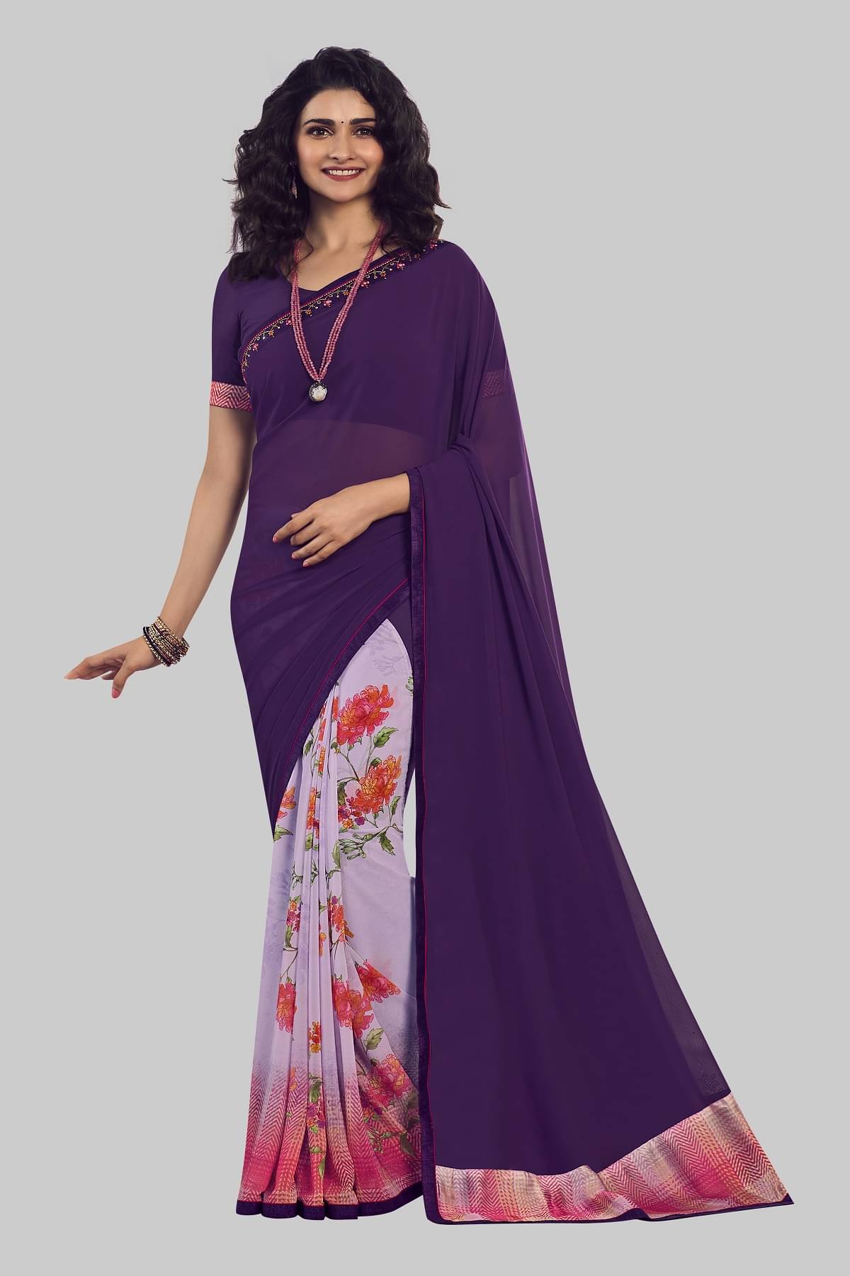     			Gazal Fashions Chiffon Printed Saree With Unstitched Blouse Piece ( Purple )