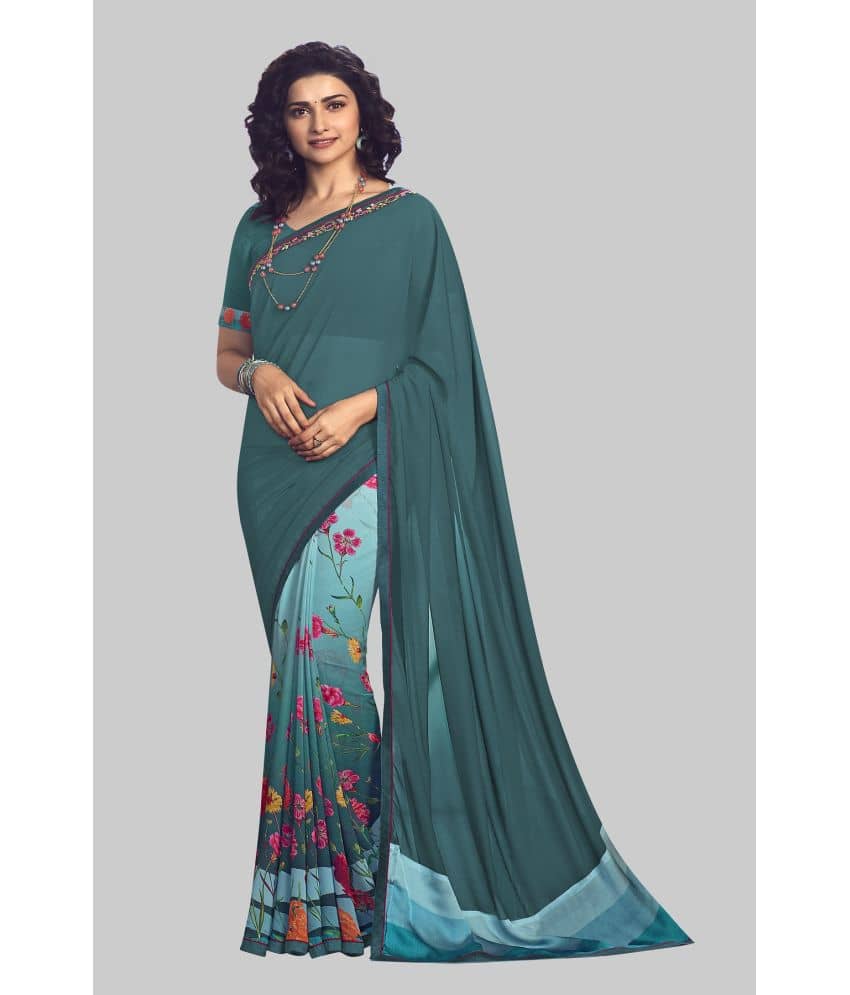 Gazal Fashions Chiffon Printed Saree With Unstitched Blouse Piece ( Rama ) - Sarees | Buy online on ZillyBuy