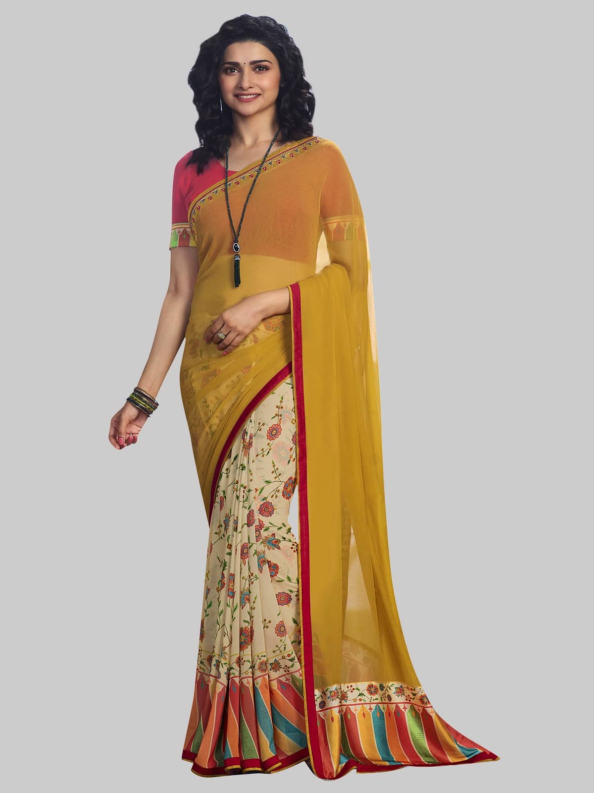 Gazal Fashions Chiffon Plain Saree With Unstitched Blouse Piece ( Yellow ) - Sarees | Buy online on ZillyBuy