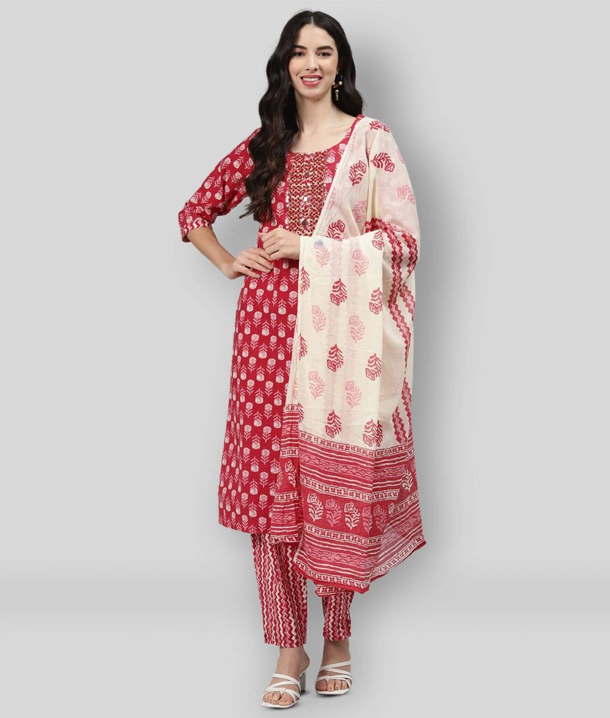 JC4U - Red Straight Cotton Women's Stitched Salwar Suit ( Pack of 1 ) JC4U - Red Straight Cotton Women's Stitched Salwar Suit ( Pack of 1 )