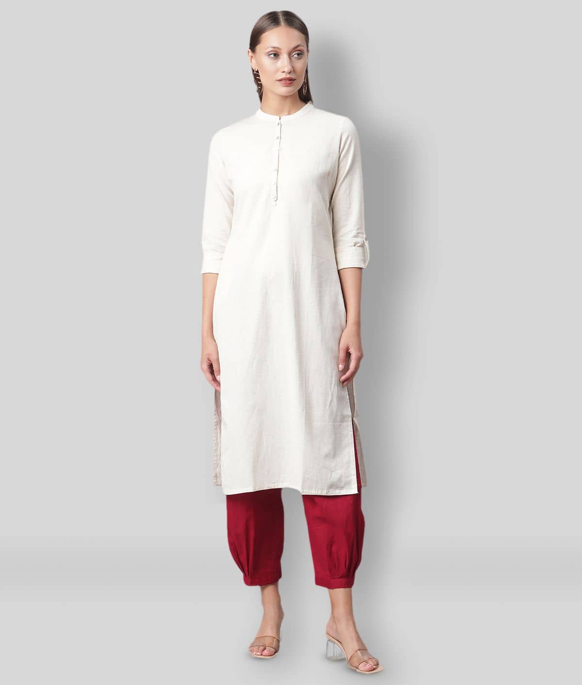 Divena - Beige Cotton Blend Women's Straight Kurti - Kurtis, Tunics | Buy online on ZillyBuy