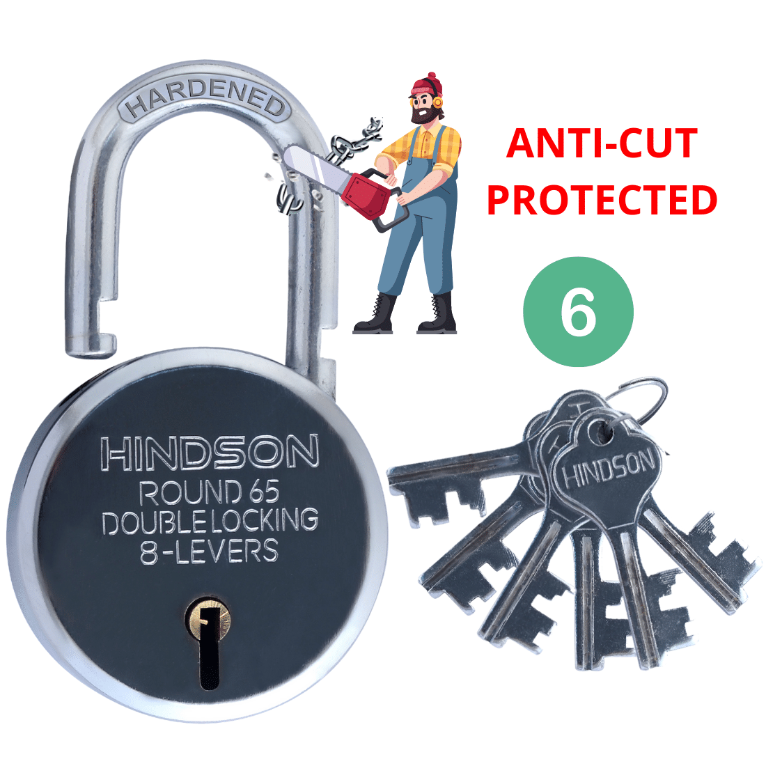    			Hindson lock and key, door lock link round 65mm 6 key lock for home , gate, shutter padlock