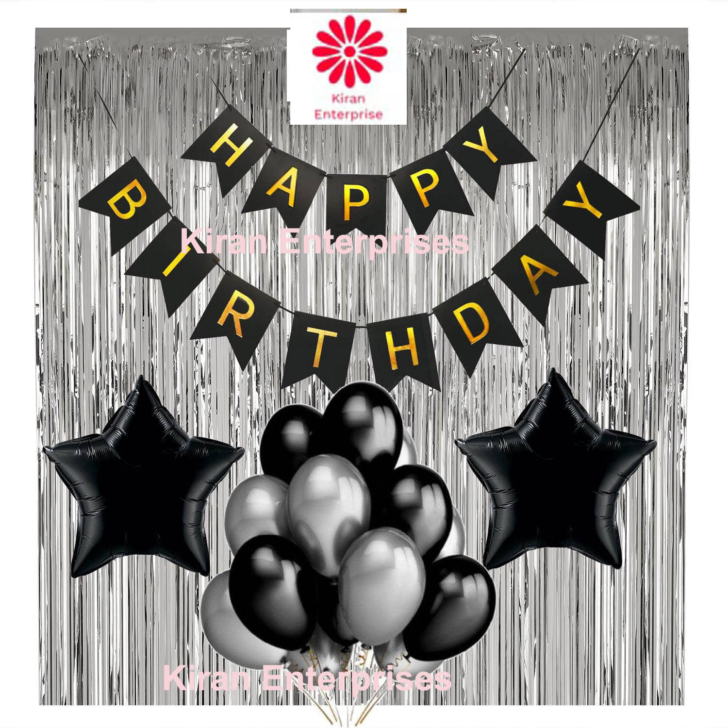     			Kiran Enterprises Happy Birthday Banner ( Black ) + 2 Foil Star ( Black ) + 2 fringe Curtain ( Silver ) + 30 Metallic Balloon ( Black, Silver )
