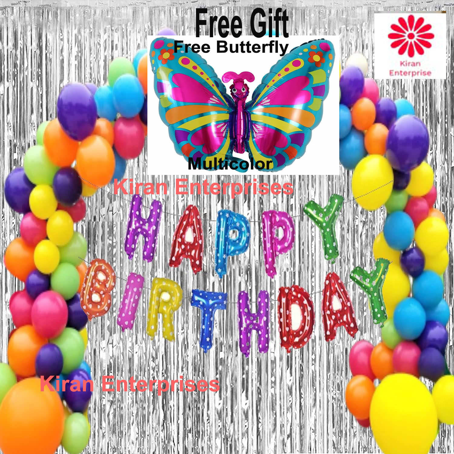 Kiran Enterprises Happy Birthday Foil Letter Balloon ( Multi ) + 2 Fringe Curtain ( Silver ) + 30 Metallic Balloon ( Multi ) + Free Butterfly Foil Balloon Kiran Enterprises Happy Birthday Foil Letter Balloon ( Multi ) + 2 Fringe Curtain ( Silver ) + 30 Metallic Balloon ( Multi ) + Free Butterfly Foil Balloon