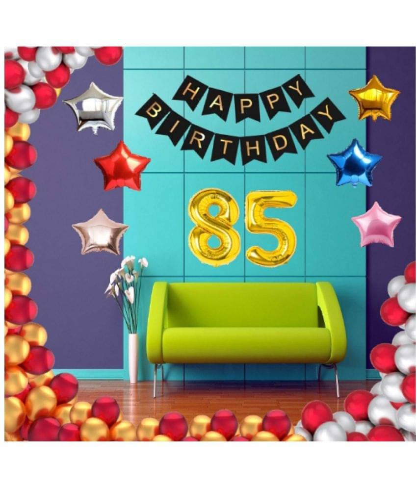     			Shopyo    1 Set Happy Birthday Banner     Black Color ,  1 Gold ,1 Silver ,1 Red ,1 Royal Blue ,1 Pink & 1 RoseStar shape Foil Balloons, 30 HD Metallic Gold , Silver & Red Balloons ,8 5 No. Foil Number Silver