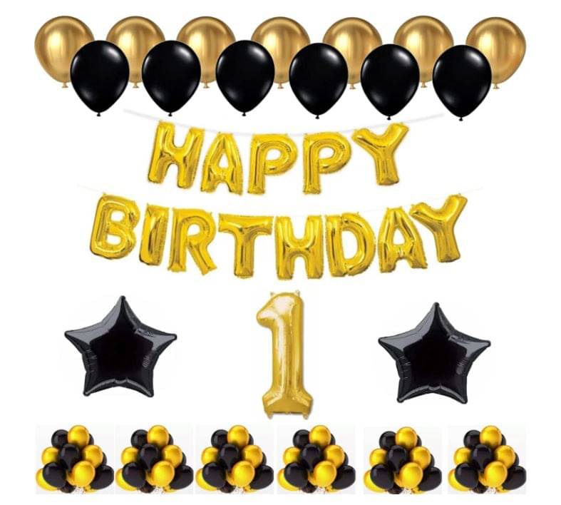 Shopyo 1 Set Happy Birthday Foil Balloons (Golden Color, 2 PcsBlack Foil Star , 50 Pcs Metallic Balloons (Black & Golden), 1 No. Foil Number Golden Shopyo 1 Set Happy Birthday Foil Balloons (Golden Color, 2 PcsBlack Foil Star , 50 Pcs Metallic Balloons (Black & Golden), 1 No. Foil Number Golden