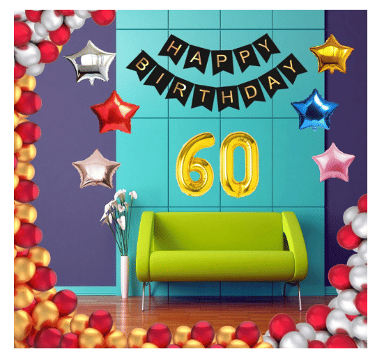     			Shopyo    1 Set Happy Birthday Banner     Black Color ,  1 Gold ,1 Silver ,1 Red ,1 Royal Blue ,1 Pink & 1 RoseStar shape Foil Balloons, 30 HD Metallic Gold , Silver & Red Balloons ,60 No. Foil Number Silver