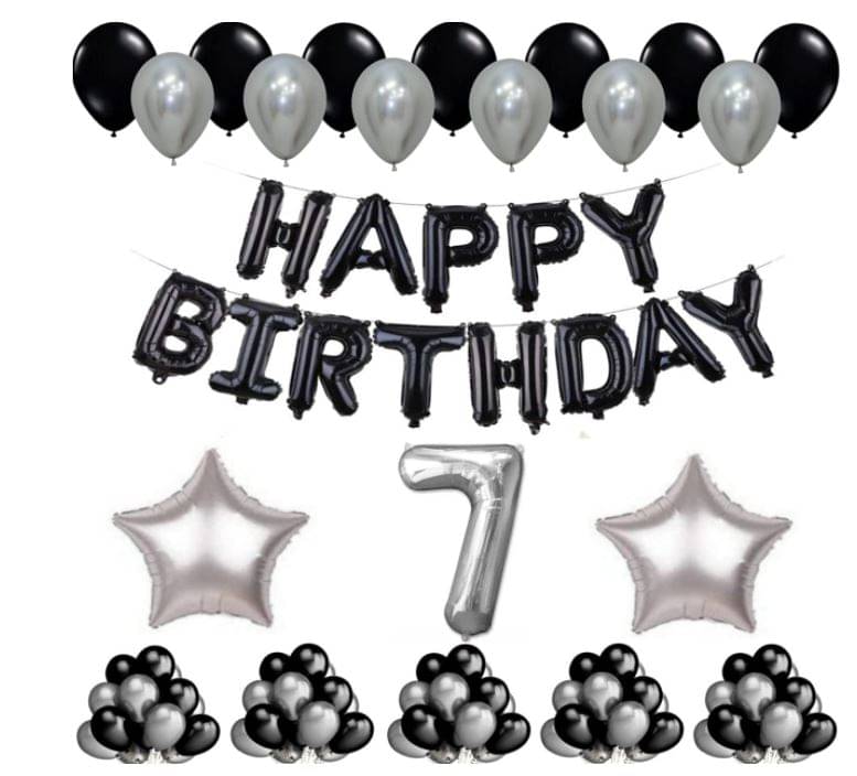Shopyo 1 Set Happy Birthday Foil Balloons Black Color , 2 Pcs silver Foil Star , 50 Pcs Metallic Balloons (Black & Silver ),7 No. Foil Number Silver Shopyo 1 Set Happy Birthday Foil Balloons Black Color , 2 Pcs silver Foil Star , 50 Pcs Metallic Balloons (Black & Silver ),7 No. Foil Number Silver