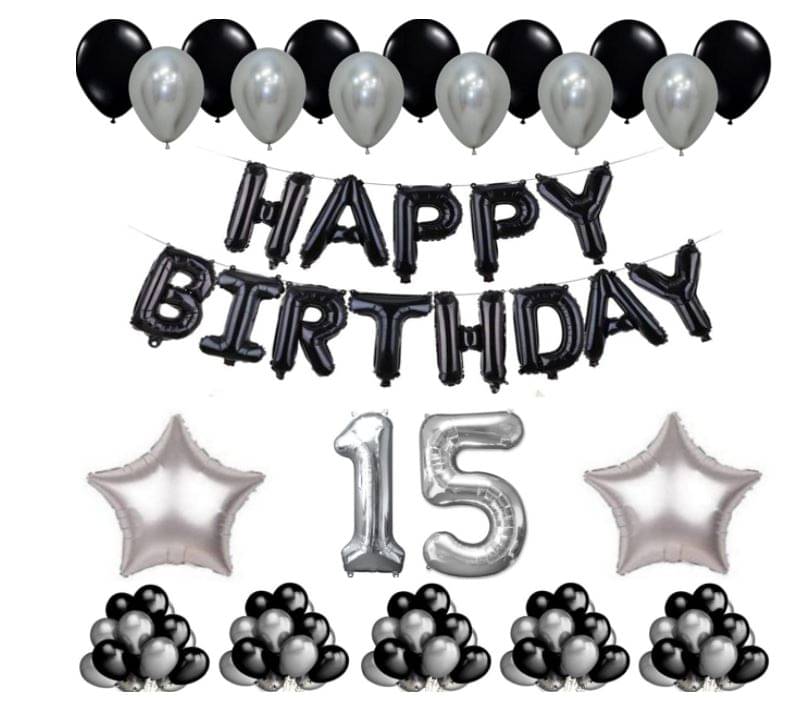 Shopyo    1 Set Happy Birthday Foil Balloons     Black Color , 2 Pcs silver  Foil Star , 50 Pcs Metallic Balloons   (Black &  Silver ),15 No. Foil Number Silver     			Shopyo    1 Set Happy Birthday Foil Balloons     Black Color , 2 Pcs silver  Foil Star , 50 Pcs Metallic Balloons   (Black &  Silver ),15 No. Foil Number Silver