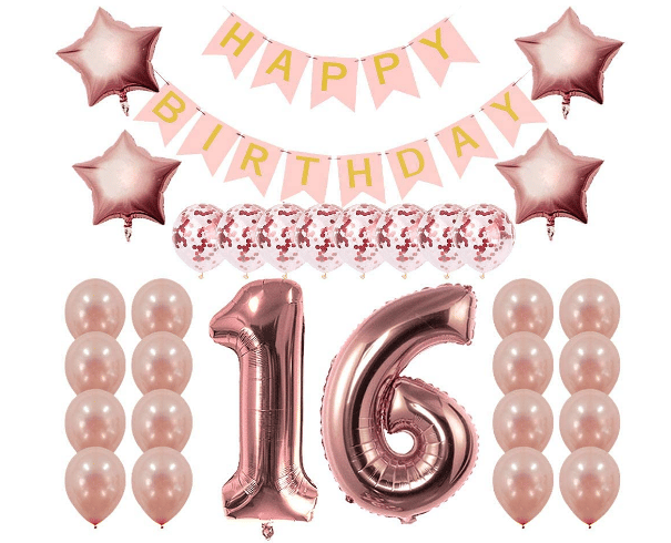     			Shopyo 1  pcs HAPPY BIRTHDAY BANNER (Pink), 15 rose gold latex balloons, 5 pc  confetti balloons, 4 rose gold  foil star balloons, 16  number rose gold " foil balloons.