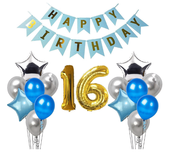     			Shopyo 1 set Happy Birthday Banner (Blue color), 2 pcs Blue  foil star + 2 pcs silver star foil, 50 Pcs Metallic Balloons (Blue & Silver ),16 No. Foil Number Golden