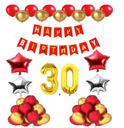     			Shopyo 1 set Happy Birthday Banner (Red Color), 2 pcs red foil star + 2 pcs silver star foil, 50 Pcs Metallic Balloons (Red & Golden),  30 No. Foil Number Golden