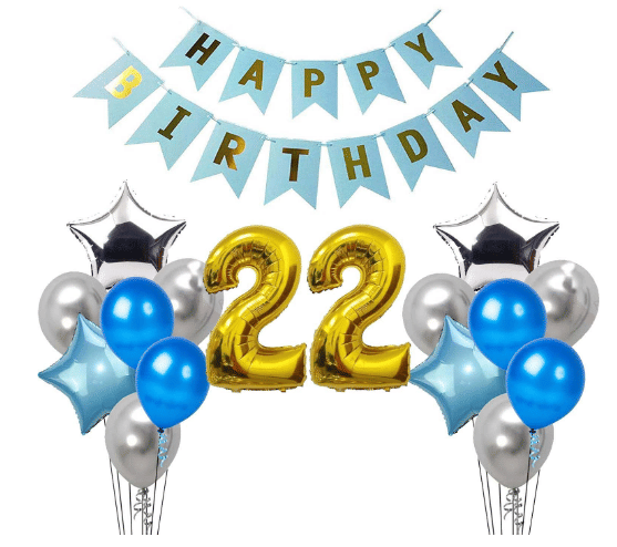     			Shopyo 1 set Happy Birthday Banner (Blue color), 2 pcs Blue  foil star + 2 pcs silver star foil, 50 Pcs Metallic Balloons (Blue & Silver ),22 No. Foil Number Golden