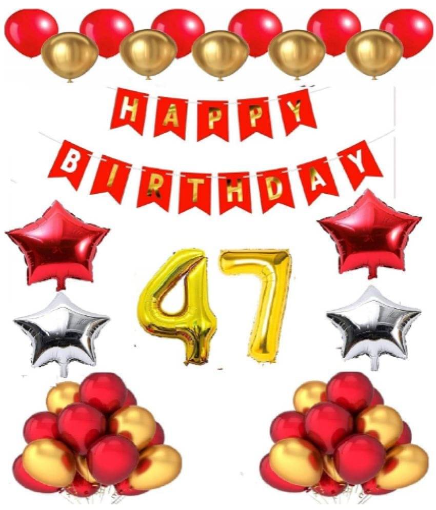     			Shopyo 1 set Happy Birthday Banner (Red Color), 2 pcs red foil star + 2 pcs silver star foil, 50 Pcs Metallic Balloons (Red & Golden),47  No. Foil Number Golden