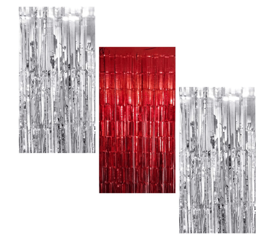     			Shopyo  2Silver 1 Red fringe Curtains Pack of 3