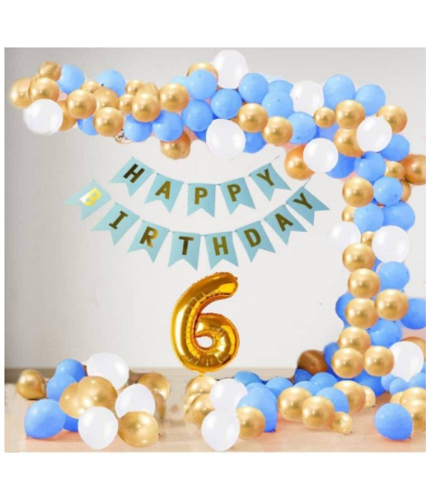     			Shopyo  6 Year Decoration kit For Boy and Girl Happy-Birthday 62 Pcs Combo Items 20 golden, 20 White 20 Blue balloons and 13 letter happy birthday banner and 6 letter golden foil balloon.