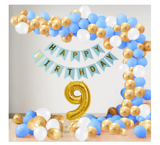     			Shopyo  9 Year Decoration kit For Boy and Girl Happy-Birthday 62 Pcs Combo Items 20 golden, 20 White 20 Blue balloons and 13 letter happy birthday banner and 9 letter golden foil balloon.