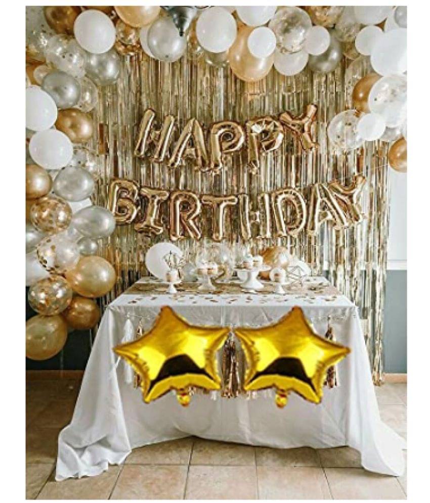 Shopyo   Golden and silver Happy Birthday Decoration Combo Kit with Banner, Balloons, Foil Curtain, 50pcs for Birthday Decoration     			Shopyo   Golden and silver Happy Birthday Decoration Combo Kit with Banner, Balloons, Foil Curtain, 50pcs for Birthday Decoration