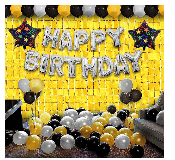 Shopyo Happy Birthday Letter Star Foil with Metallic Balloons and Square Curtains Tinsel Backdrop (GOLDEN ,SILVER& BLACK) Shopyo Happy Birthday Letter Star Foil with Metallic Balloons and Square Curtains Tinsel Backdrop (GOLDEN ,SILVER& BLACK)