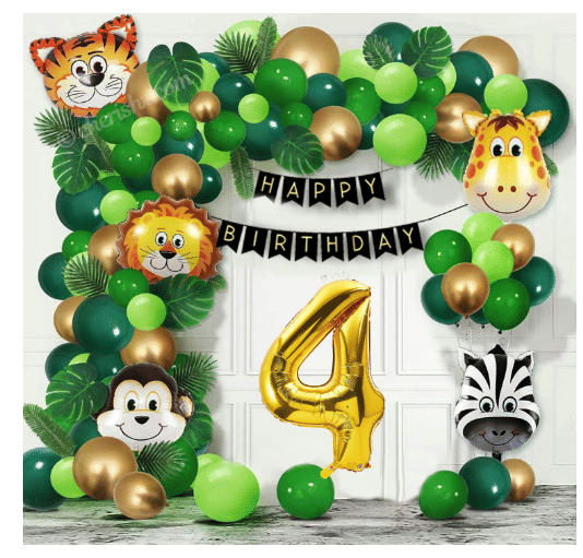     			Shopyo Jungle Theme  78 Pcs -  30 Dark Green 30 Light Green 10 Golden balloons and 1 PCS Black  birthday banner and 4 no.  letter golden foil balloon 5 pcs ( lion+ Tiger+ monkey +zebra + giraffe ) animal foil  Balloons.