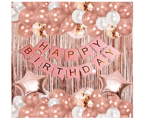 Shopyo  rose gold pink white Happy Birthday Decoration Combo Kit with Banner, Balloons, Foil Curtain, star foil 48pcs for Birthday Decoration     			Shopyo  rose gold pink white Happy Birthday Decoration Combo Kit with Banner, Balloons, Foil Curtain, star foil 48pcs for Birthday Decoration