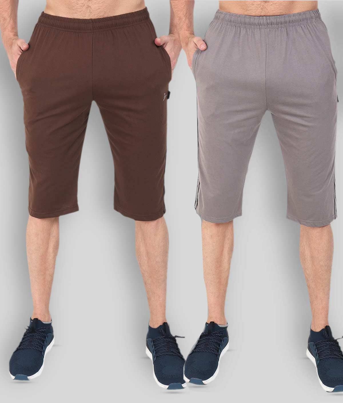 Zeffit - Brown Cotton Blend Men's Three-Fourths ( Pack of 2 ) - Shorts | Buy online on ZillyBuy