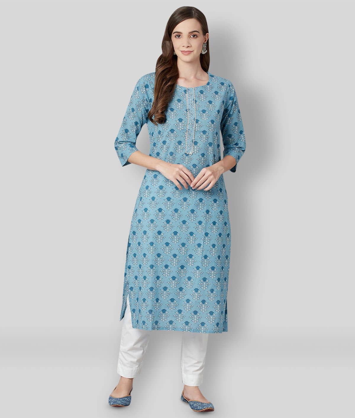 Divena - Blue Cotton Blend Women's Straight Kurti - Kurtis, Tunics | Buy online on ZillyBuy