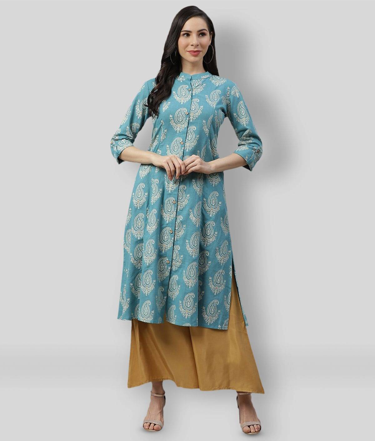 Divena - Turquoise Cotton Women's Front Slit Kurti ( Pack of 1 )     			Divena - Turquoise Cotton Women's Front Slit Kurti ( Pack of 1 )