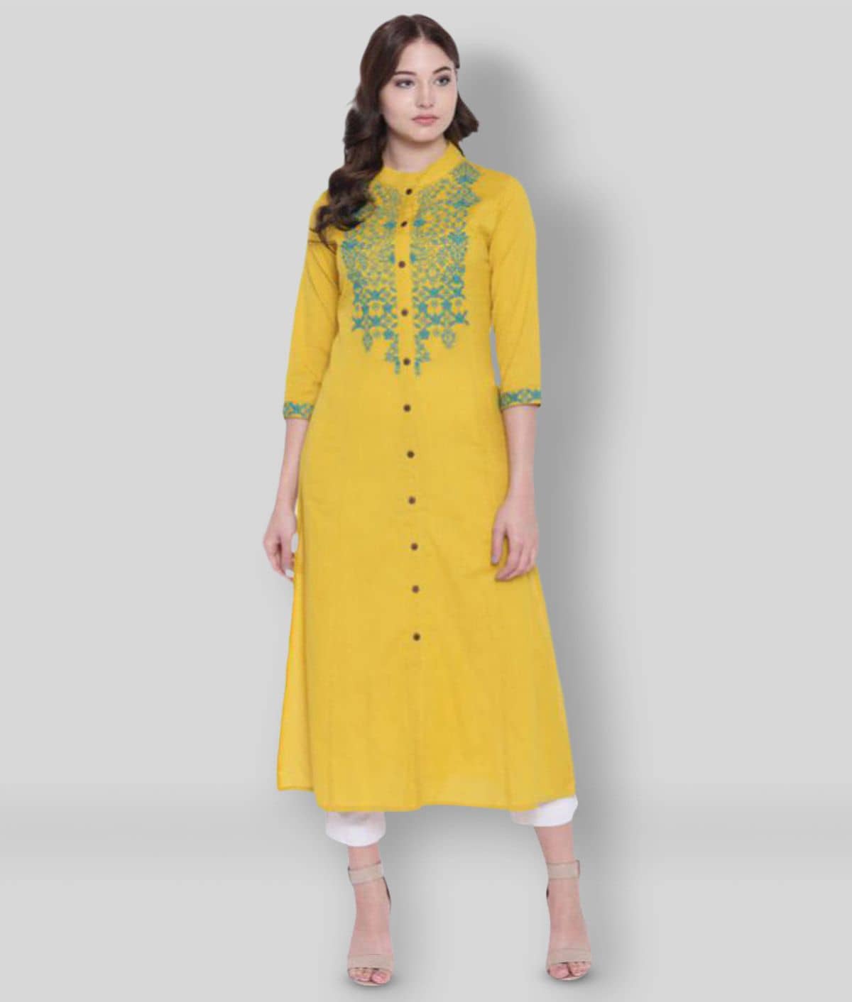 Divena - Yellow Cotton Blend Women's Front Slit Kurti - Kurtis, Tunics | Buy online on ZillyBuy