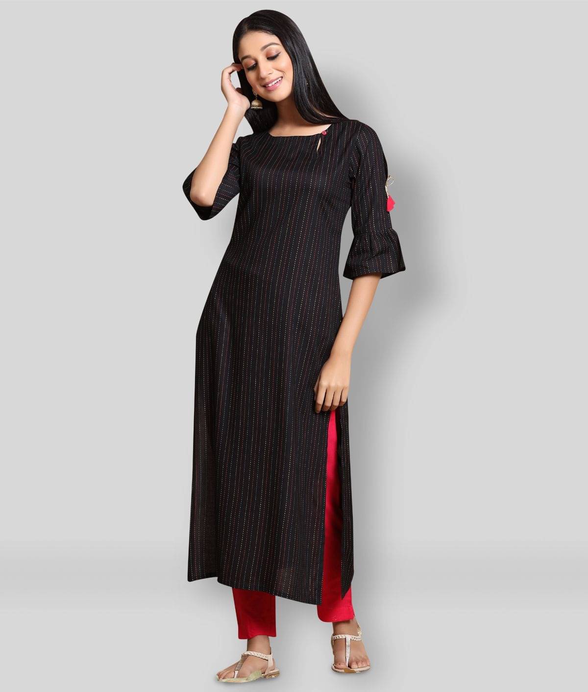 Juniper Rayon Striped Straight Women's Kurti - Black ( Pack of 1 ) Juniper Rayon Striped Straight Women's Kurti - Black ( Pack of 1 )