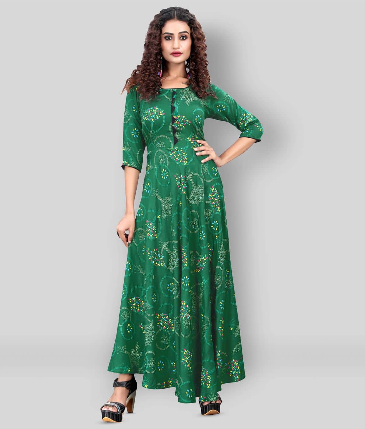 MEESORRA - Green Rayon Women's Flared Kurti ( Pack of 1 ) - Kurtis, Tunics | Buy online on ZillyBuy