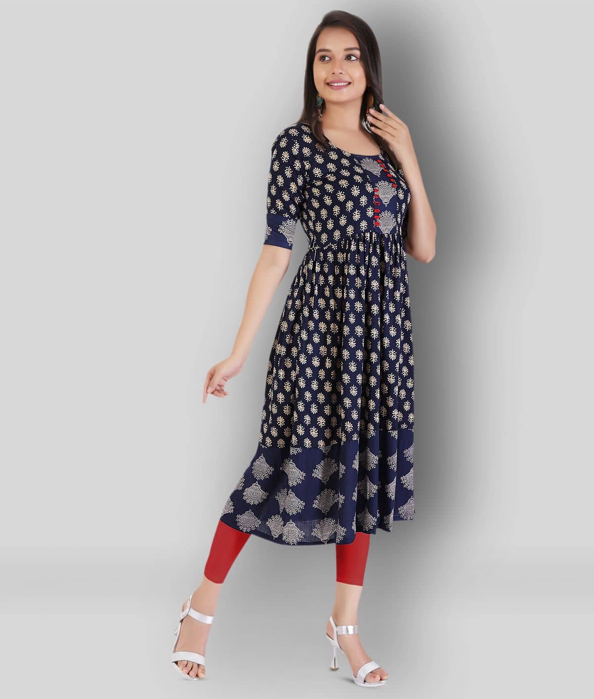 MEESORRA - Navy Rayon Women's Flared Kurti ( Pack of 1 ) - Kurtis, Tunics | Buy online on ZillyBuy