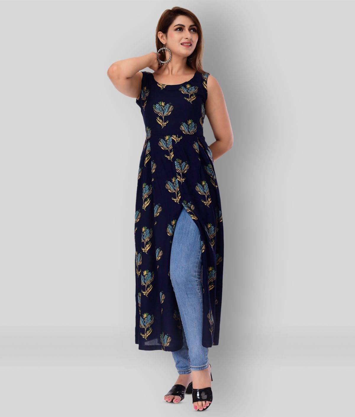 Maquien - Blue Rayon Women's Front Slit Kurti ( Pack of 1 ) Maquien - Blue Rayon Women's Front Slit Kurti ( Pack of 1 )