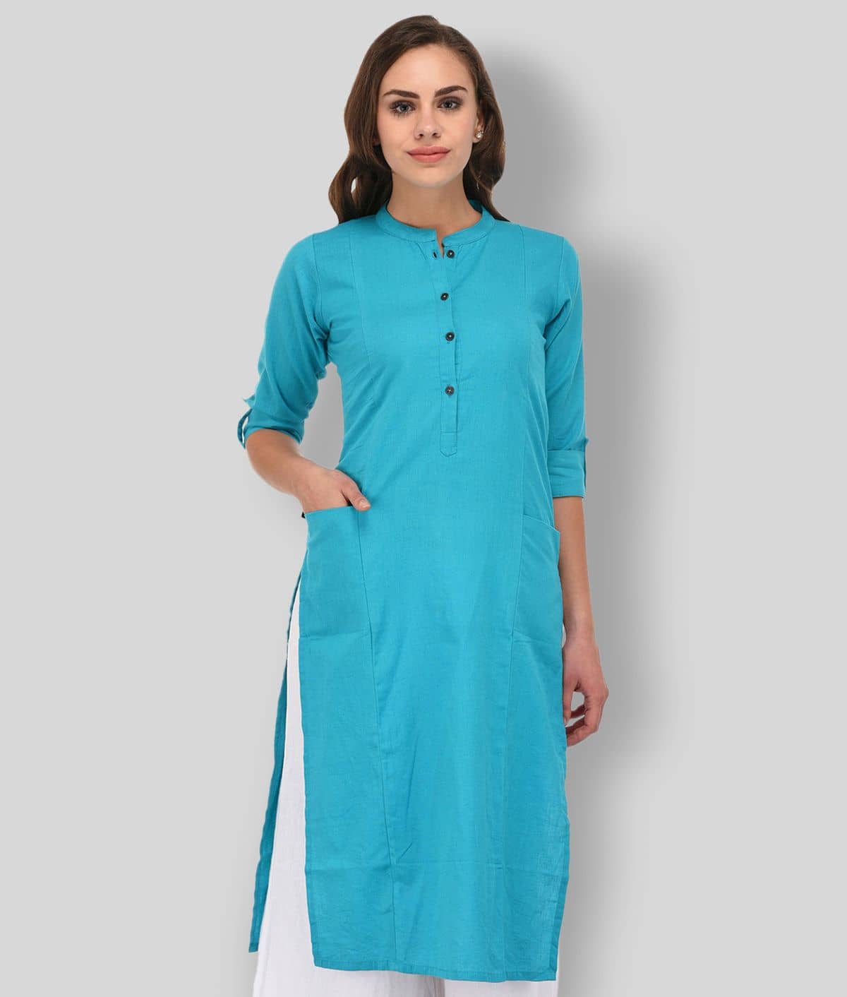 Pistaa - Turquoise Cotton Women's Straight Kurti ( Pack of 1 ) - Kurtis, Tunics | Buy online on ZillyBuy