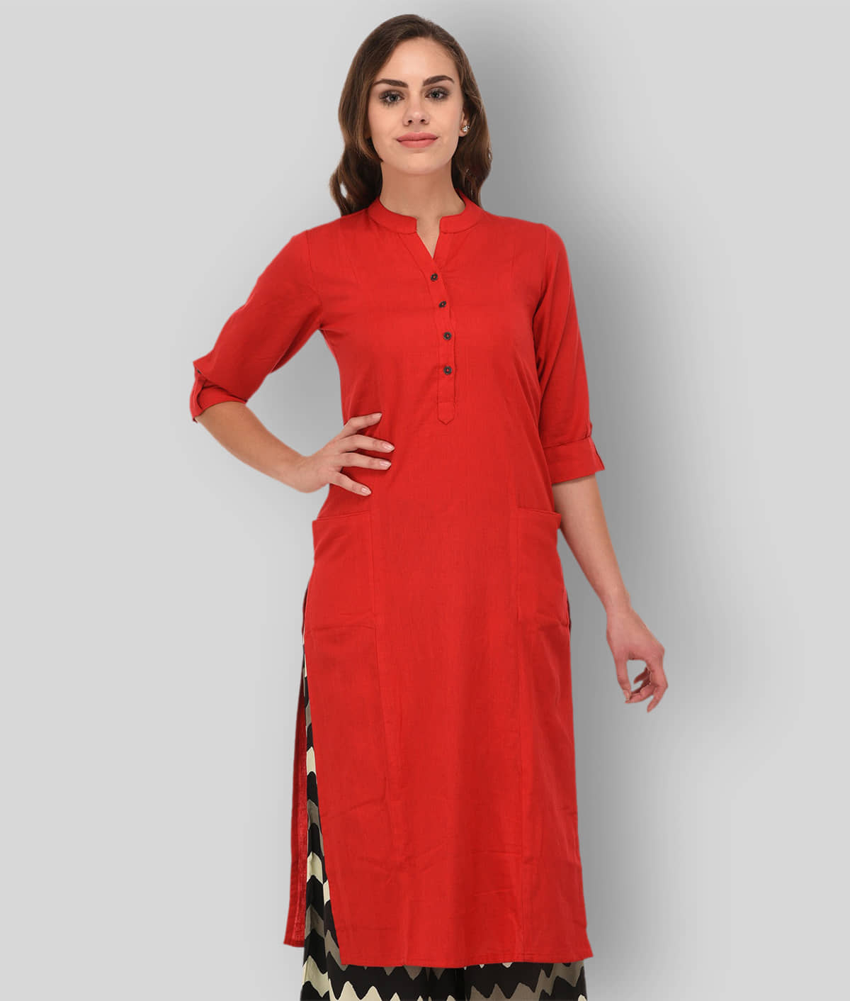 Pistaa - Red Cotton Women's Straight Kurti - Kurtis, Tunics | Buy online on ZillyBuy