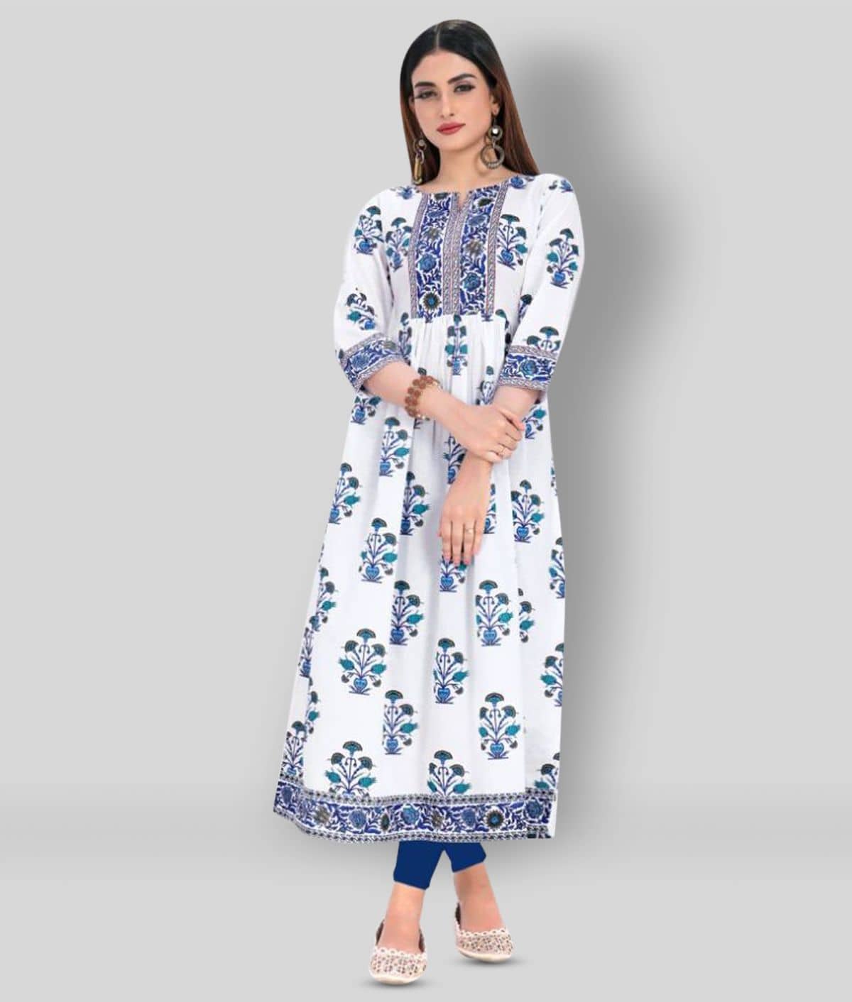 Vbuyz - White Cotton Women's Flared Kurti ( Pack of 1 ) - Kurtis, Tunics | Buy online on ZillyBuy