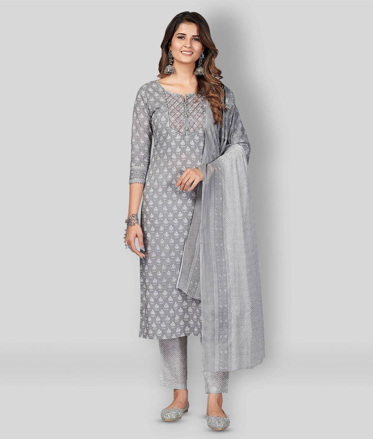Vbuyz - Light Grey Straight Cotton Women's Stitched Salwar Suit ( Pack of 1 ) Vbuyz - Light Grey Straight Cotton Women's Stitched Salwar Suit ( Pack of 1 )